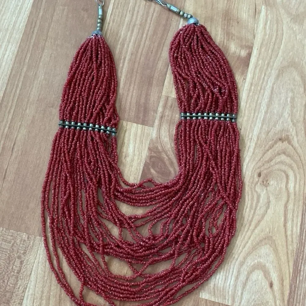 Red Necklace, Bohemian, Glass Beads, Multi Strand, Glass Beads, Vintage Necklace
